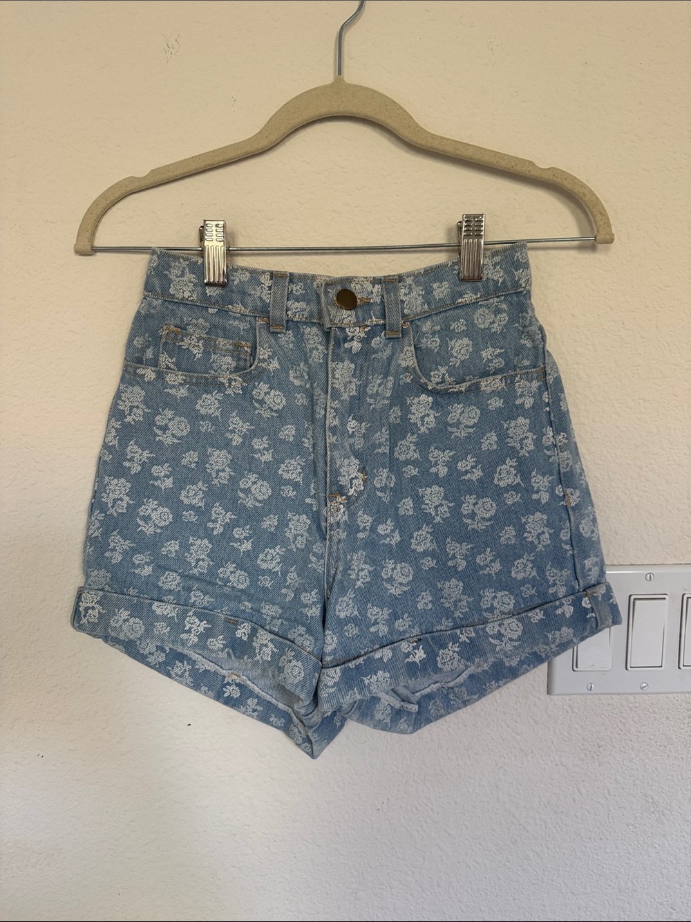 American Apparel Light Blue Floral High-Waist Denim Shorts